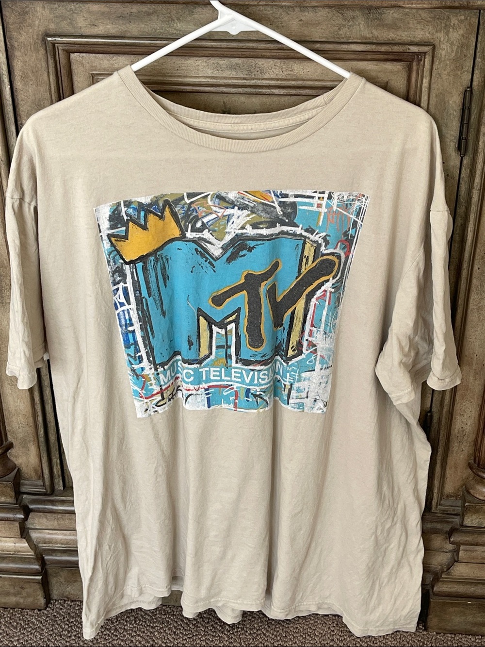 MTV Beige Tee with Turquoise and Gold Logo
